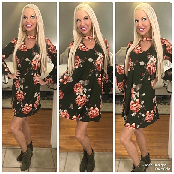 LAST 1!  Stunning Soft Fabric Floral Bell Sleeve Olive Dress with Cut Out - Picture 3 of 3